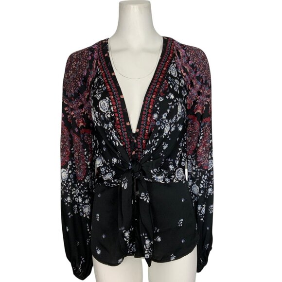 Free People Run Free Blouse M Night Combo Floral Long Sleeve V-Neck Tie Front - Picture 1 of 11